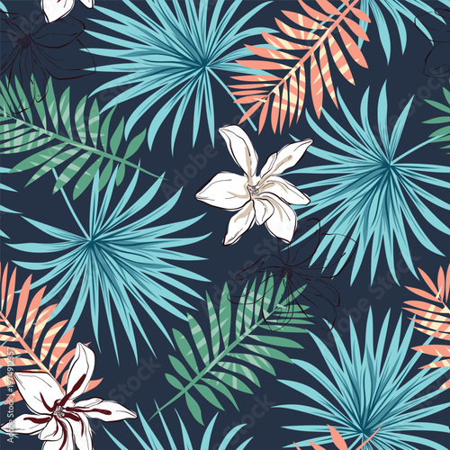 Tropical foliar vector seamless pattern. Exotic floral illustration. Colorful leaves and jungle plants. Minimalist and fashionable foliage tileable background