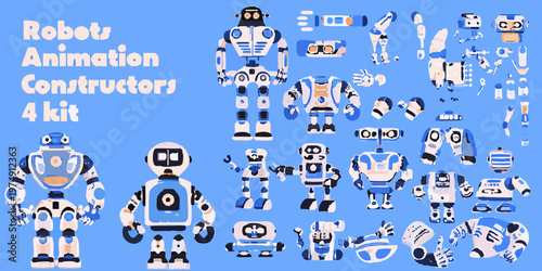 Colorful robot parts and assembled robots for a construction kit