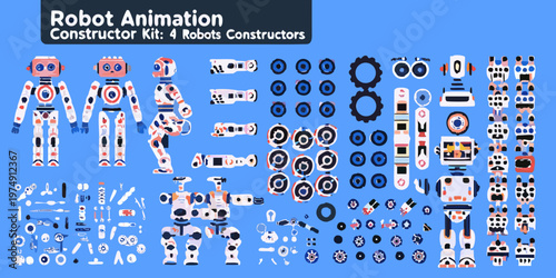 Robot constructor kit with assembled and disassembled robot components displayed