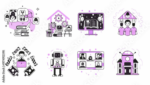 Colorful illustrations depicting various concepts of education and technology