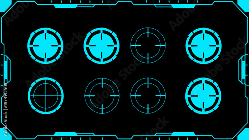 Neon blue targeting reticles on a black background with a digital frame