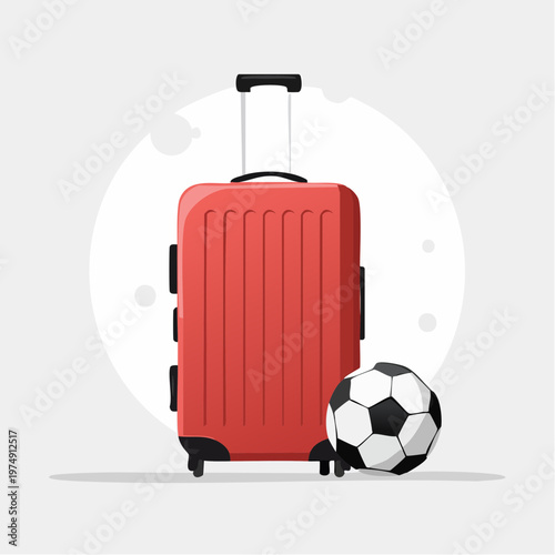 Red suitcase and soccer ball showing travel and sports equipment for an active lifestyle and adventure plans