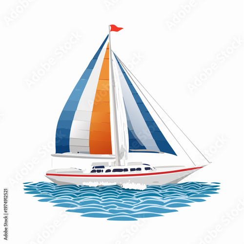 Sailing boat gliding on water with colorful sails in a bright setting