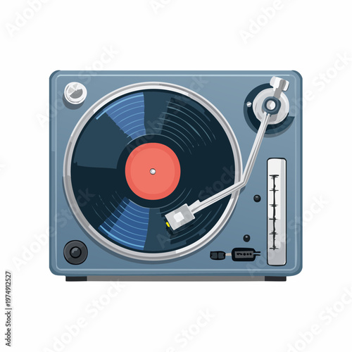 Turntable plays a vinyl record in a home setting during the evening