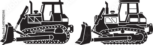 Two black and white silhouette icons of heavy construction bulldozers with crawler tracks for earthmoving and industrial work heavy duty bulldozer construction machinery equipment earthmoving