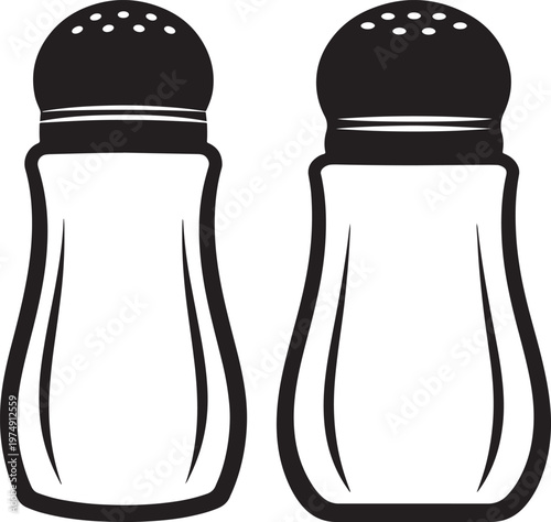 Pair of black and white silhouette icons depicting salt and pepper shakers for kitchen dining food seasoning with condiment seasoning container silhouette illustration minimalist restaurant