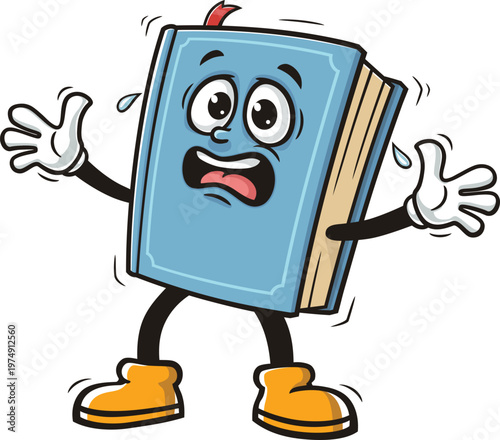 Cartoon book mascot is panicking and scared