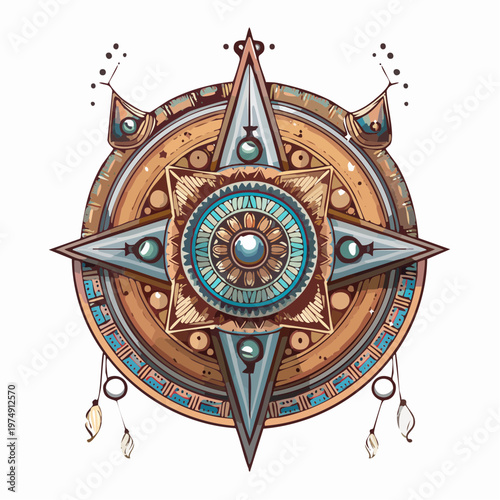 Cultural design of a compass rose with intricate patterns and elements in a circular shape created on a blank background