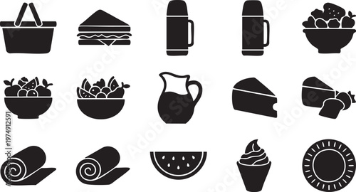 Stylized Vector Silhouettes of Picnic Essentials Food, Beverages, and Outdoor Items Collection