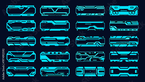 Futuristic interface elements and geometric panel designs in bright blue