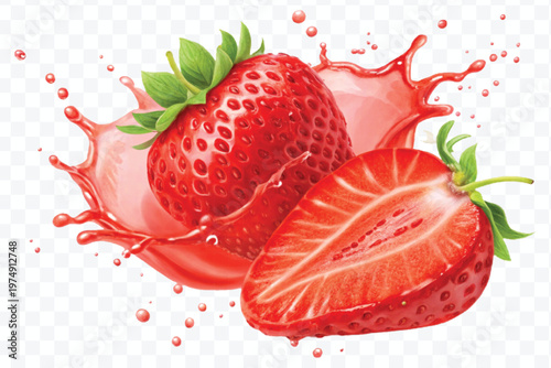 realistic fresh strawberry with red juice splash isolated on transparent background	
