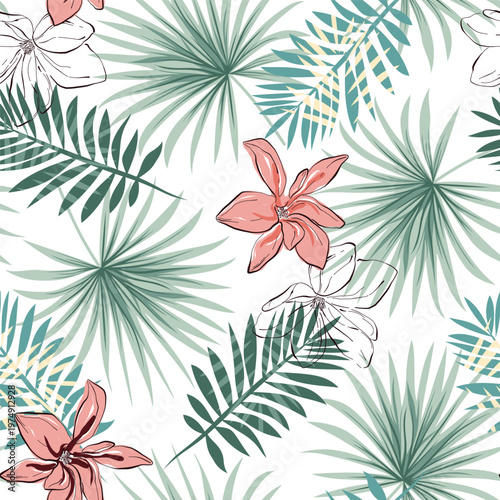 Tropical foliar vector seamless pattern. Exotic floral illustration. Colorful leaves and jungle plants. Minimalist and fashionable foliage tileable background