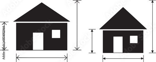 Two houses with measurement arrows indicating width and height real estate and property size comparison concept square footage building measurement dimensions property architecture comparison
