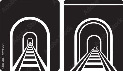 Black and white illustration of a train tunnel with railway tracks leading into the distance depicting perspective and journey perspective transportation underground corridor railroad entrance