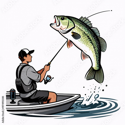 Vector Art Boat Bass. Angler With Jumping Striped Bass In Fishing Scene, Isolated On White Background In Detailed Black Design