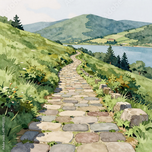 Comic Book Landscape Direction. Watercolor Landscape With Stone Pathway Leading Upward, Representing A Progress Journey Along A Scenic Background