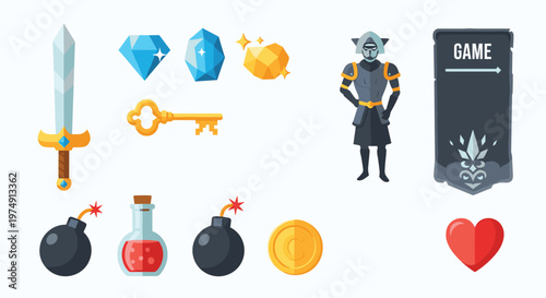 Diverse collection of colorful video game icons including weapons, treasure, potions, and equipment for fantasy adventure gaming.