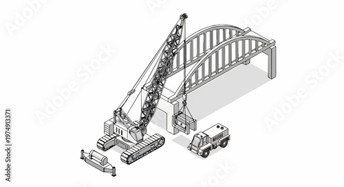 Isometric Line Art Illustration of a Crawler Crane Constructing a Bridge at a Construction Site