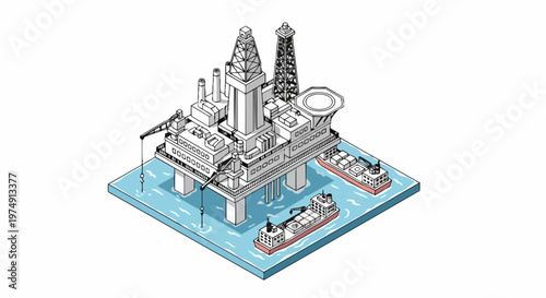 Isometric Offshore Oil Rig Platform and Cargo Ships Illustration. Clean Line Art of Deep Sea Petroleum Drilling Station for Energy and Industrial Design.
