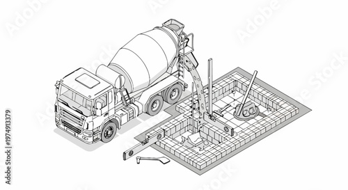 Isometric Line Art Illustration of Concrete Mixer Truck Pouring Cement into a Building Foundation