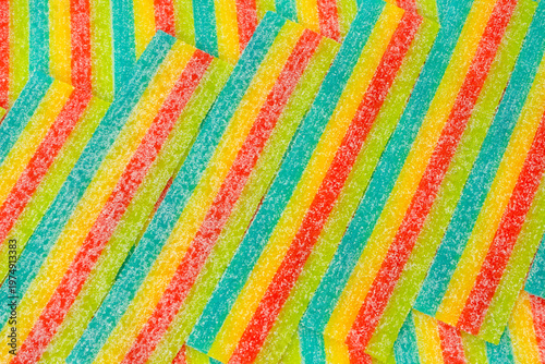 Assorted colorful gummy candies. Top view. Jelly donuts. Jelly bears. Isolated on a white background.