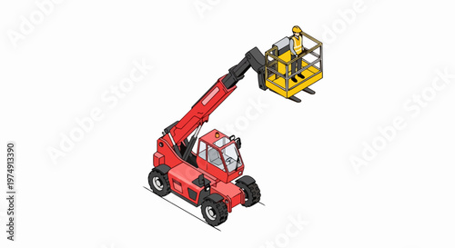 Isometric Vector Illustration of a Red Telehandler with Worker in a Platform Basket, Heavy Construction Machinery for Industrial Projects