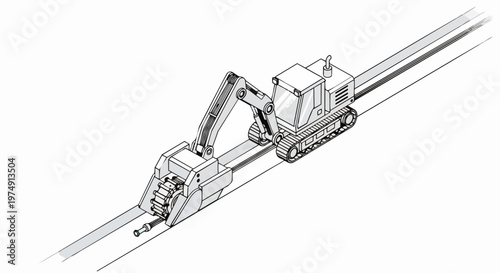 Isometric Trenching Machine Excavator with Wheel Saw Line Art Illustration