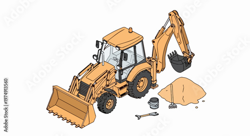 Isometric yellow backhoe loader construction vehicle illustration with sand pile and hand tools, isolated on white background