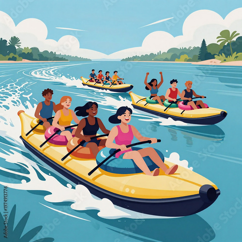Linocut Boat Banana. A Flat Design Illustration Featuring People Riding On A Banana Boat