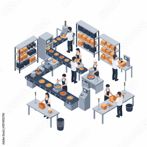 Isometric Bakery Production Line with Workers and Equipment.