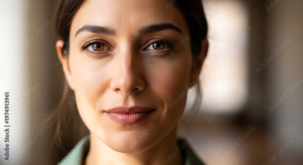 Naklejka premium Close up portrait of a young woman with brown eyes looking at camera