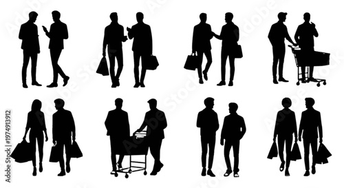 Group of diverse silhouettes engaging in various social interactions and activities isolated on transparent background, Vector