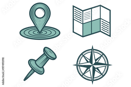 A teal colored illustration showcases travel icons including a map pin folded map pushpin and compass