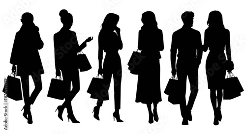 Group of silhouetted people walking with bags and backpacks in different styles isolated on transparent background, Vector