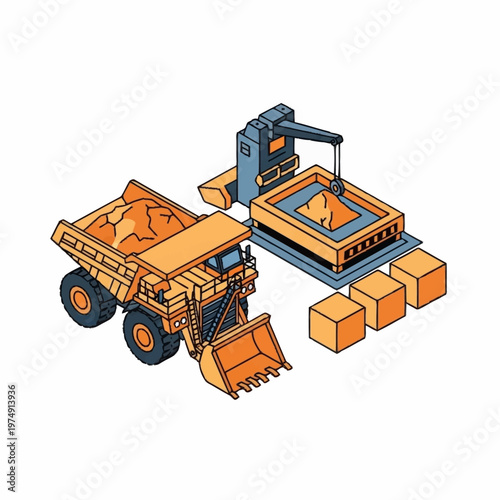 Isometric illustration of a mining operation with heavy machinery and raw materials.