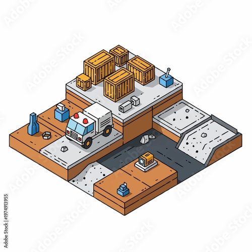Isometric illustration of a white truck on a multi-level industrial landscape with various cargo and elements.