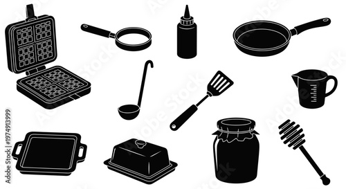 Collection of black and white kitchenware and cooking utensils illustrations