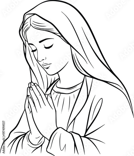 Virgin Mary Praying Hand Drawn Vector Line Art Christian Religious Illustration