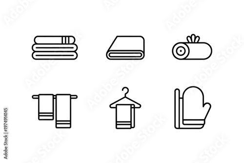 Minimalist line art depicts various laundry and textile items including towels rolls and hangers high quality
