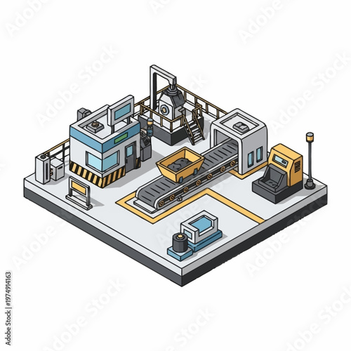 Isometric Industrial Mining Facility with Conveyor Belt and Machinery.