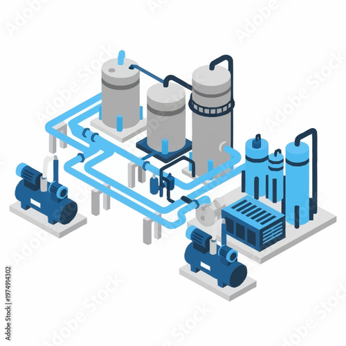 Isometric Industrial Water Treatment Plant with Pumps and Tanks.