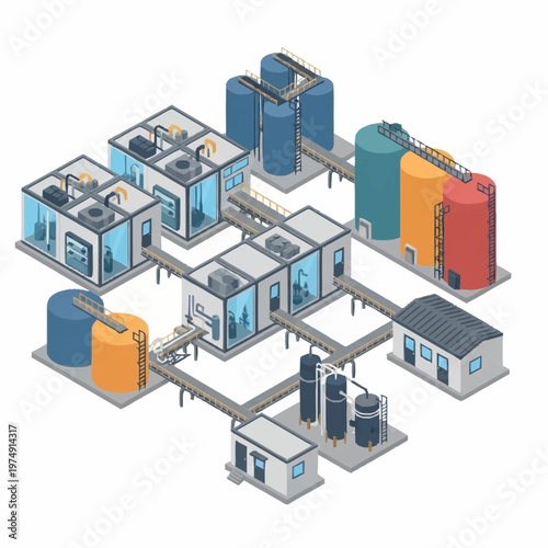 Isometric Industrial Water Treatment Plant with Tanks and Buildings.