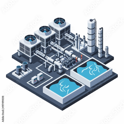 Isometric Industrial Plant with Cooling Towers and Water Basins.