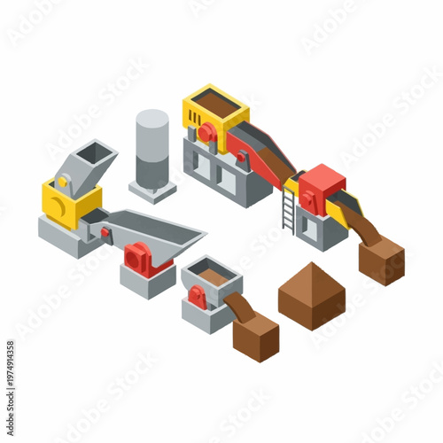 Isometric Mining and Ore Processing Plant with Conveyor Belts and Crushers.
