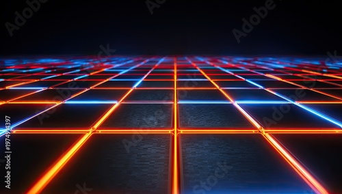 Glowing neon grid recedes into darkness on a textured surface