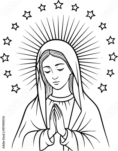 Virgin Mary Prayer with Halo Rays and Star Crown Hand Drawn Vector Line Art