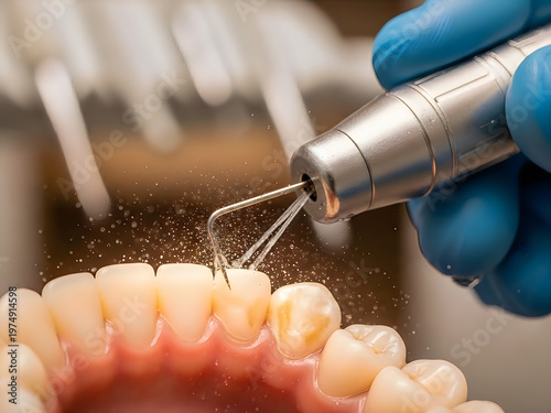 Dental professional performing dental treatment using a rotary instrument on a patient's teeth