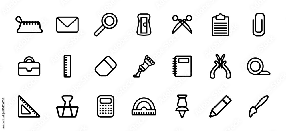 Fototapeta premium Stationery icon set for office and education. Paintbrush and protractor, briefcase and pencil.