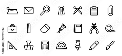 Stationery icon set for office and education. Paintbrush and protractor, briefcase and pencil.