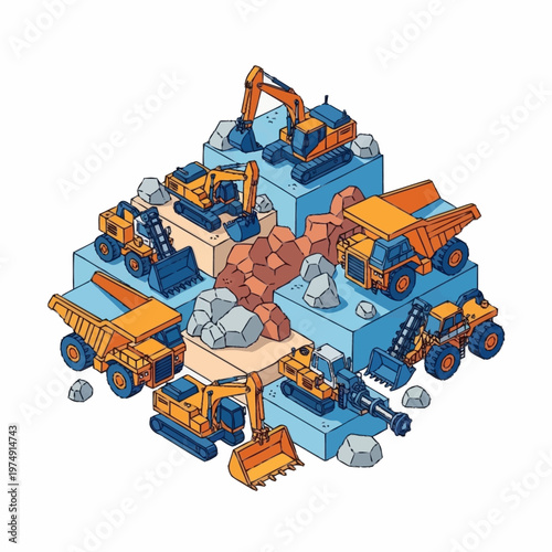 Isometric mining site with various heavy machinery and rock formations.